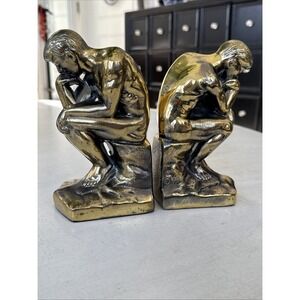 Vintage Pair Bras-Toned Metal 7" THE THINKER Statue Bookends